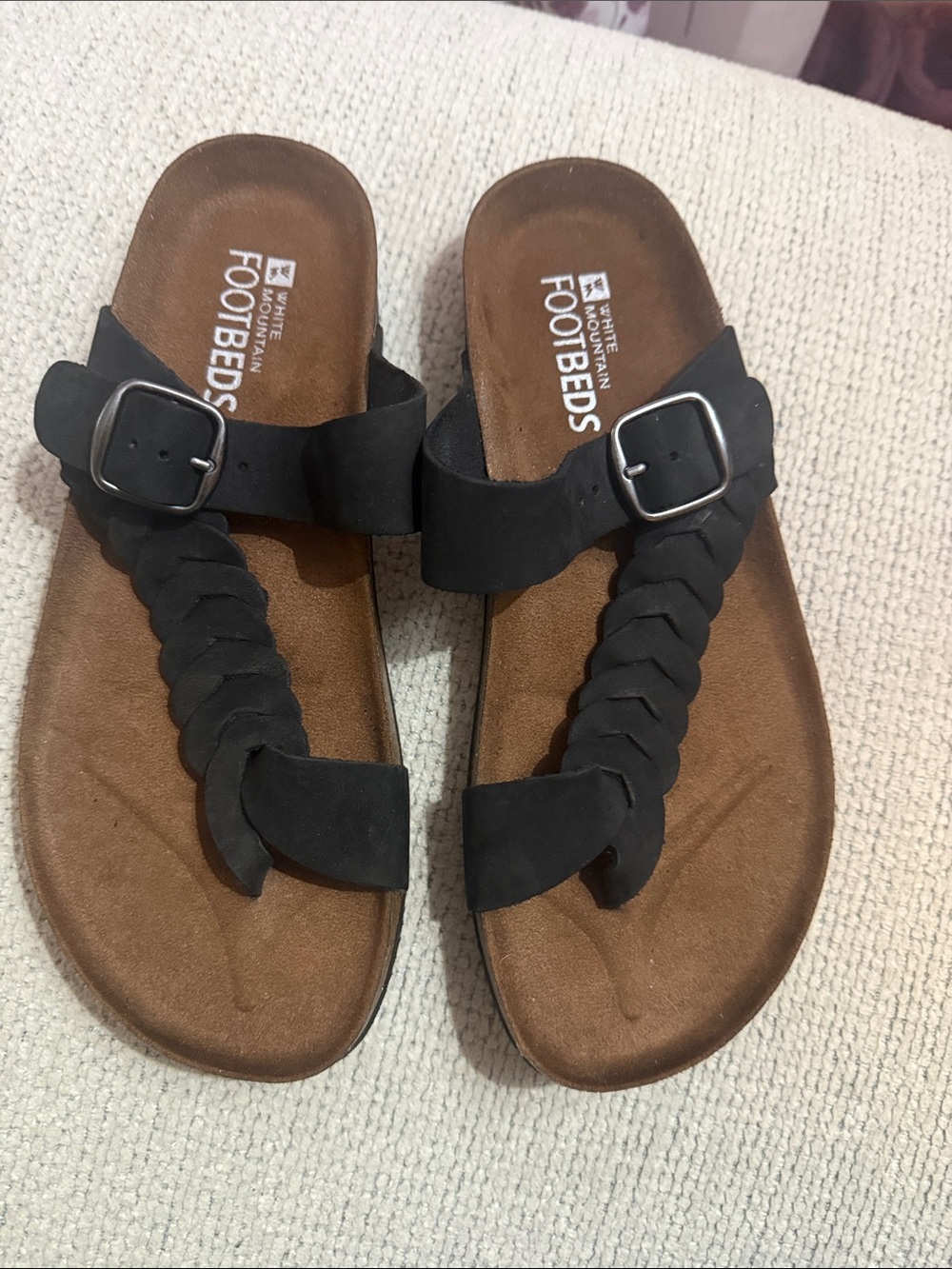 White Mountain Black Braided Toe-Loop Footbed Sandals